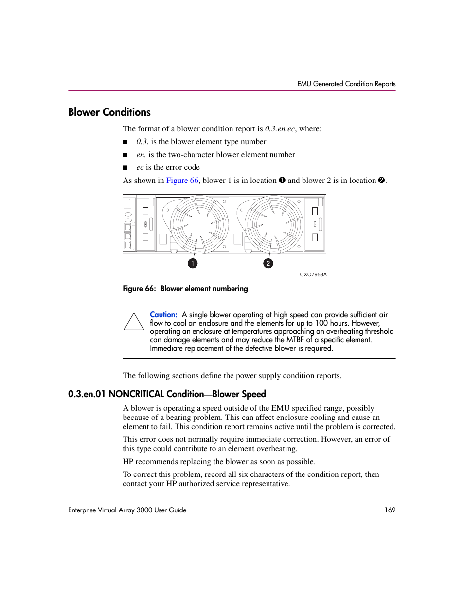 Blower conditions, En.01 noncritical condition-blower speed, 66 blower element numbering | Figure 66 | HP 3000 Enterprise Virtual Array User Manual | Page 169 / 244