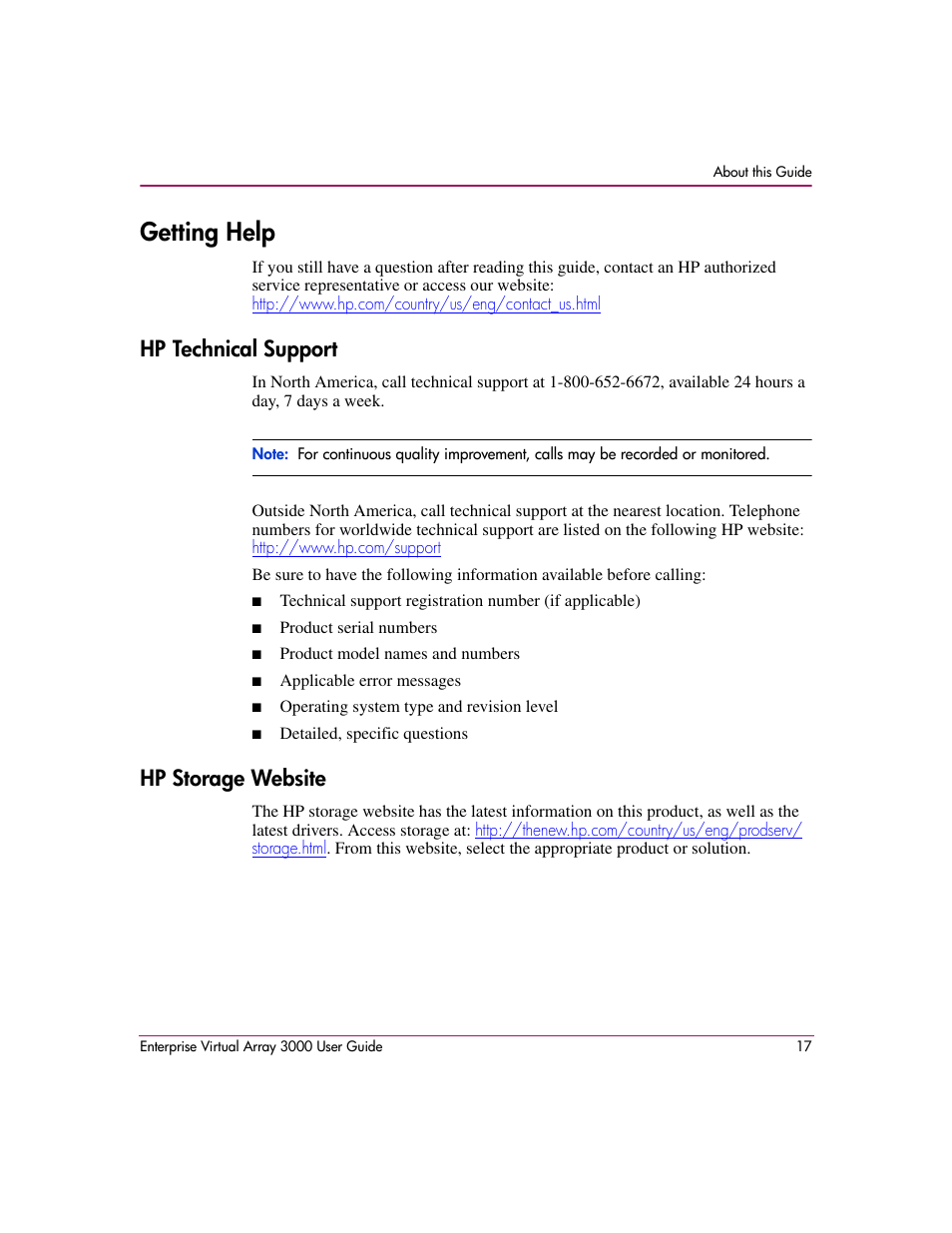 Getting help, Hp technical support, Hp storage website | Hp technical support hp storage website | HP 3000 Enterprise Virtual Array User Manual | Page 17 / 244