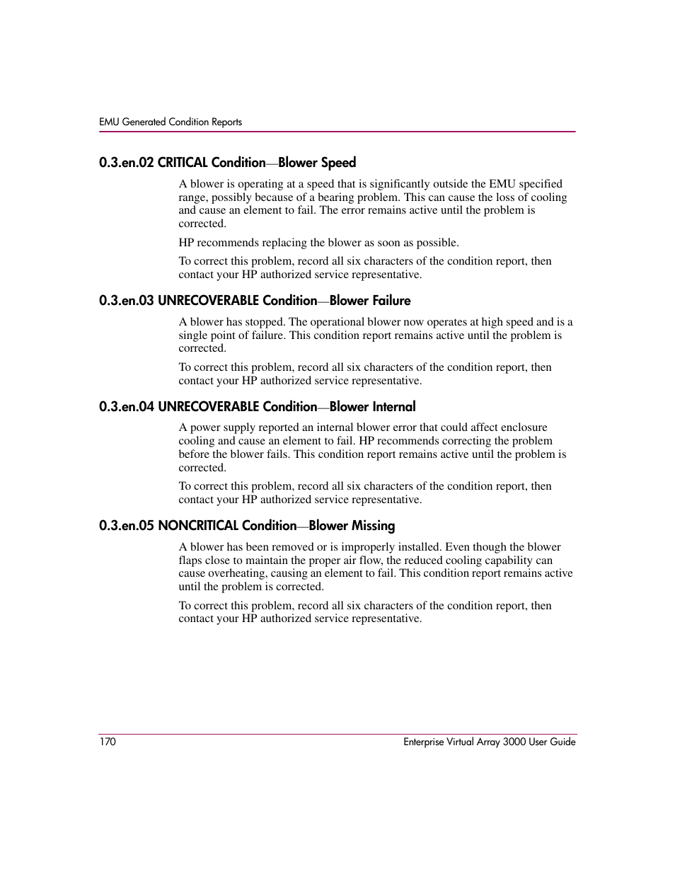En.02 critical condition-blower speed, En.03 unrecoverable condition-blower failure, En.04 unrecoverable condition-blower internal | En.05 noncritical condition-blower missing | HP 3000 Enterprise Virtual Array User Manual | Page 170 / 244