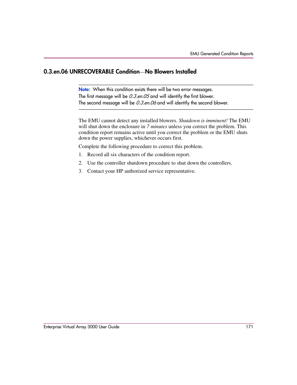 En.06 unrecoverable condition-no blowers installed | HP 3000 Enterprise Virtual Array User Manual | Page 171 / 244