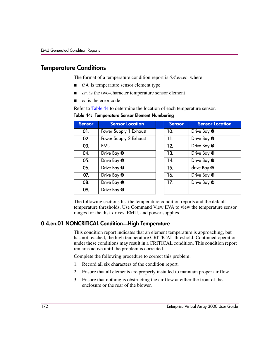 Temperature conditions, En.01 noncritical condition-high temperature, 44 temperature sensor element numbering | Table 44 | HP 3000 Enterprise Virtual Array User Manual | Page 172 / 244