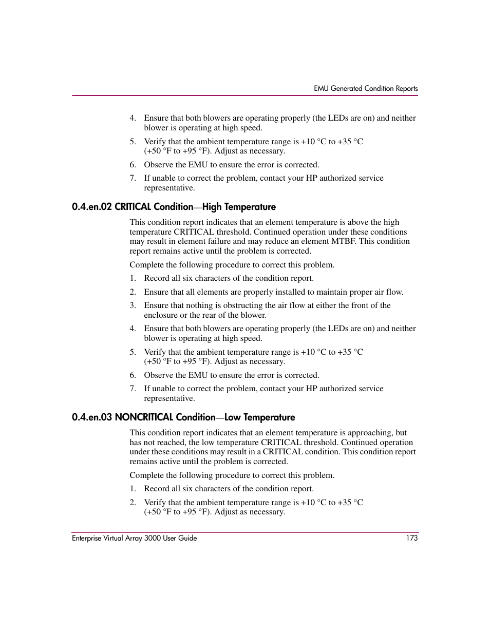 En.02 critical condition-high temperature, En.03 noncritical condition-low temperature | HP 3000 Enterprise Virtual Array User Manual | Page 173 / 244