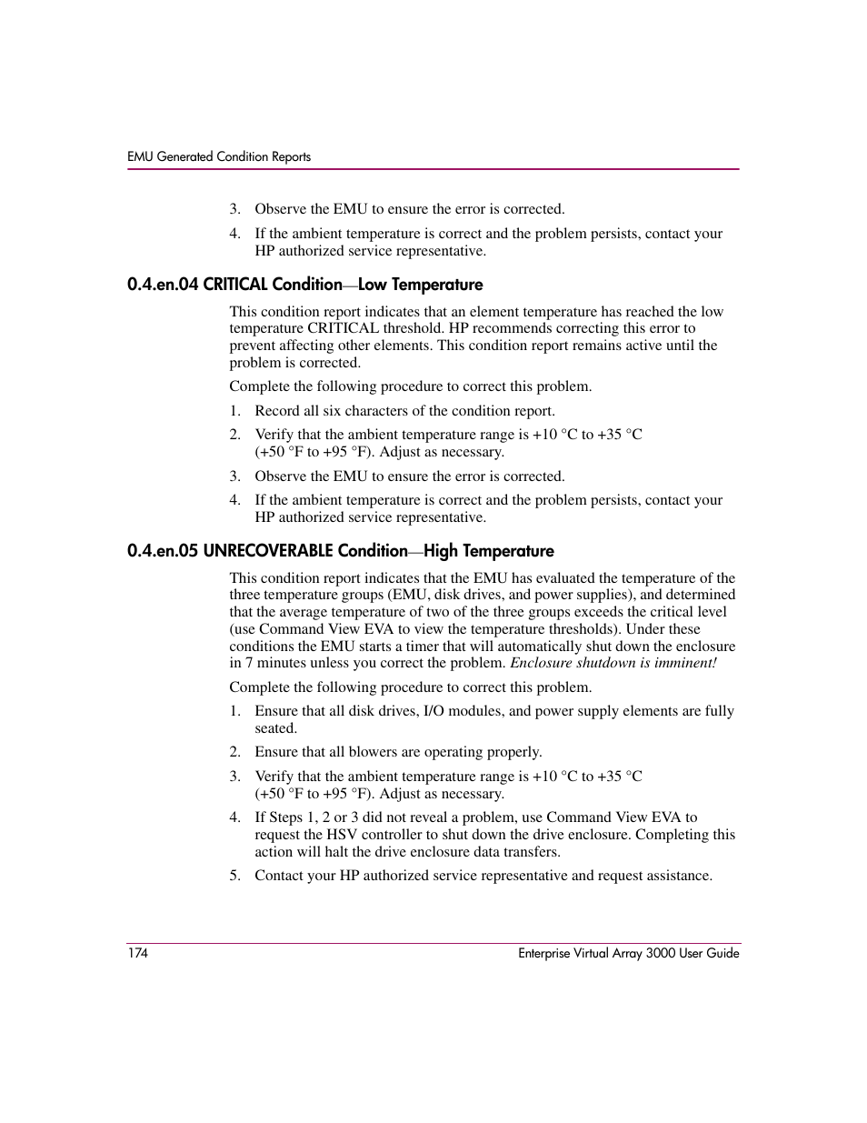 En.04 critical condition-low temperature, En.05 unrecoverable condition-high temperature | HP 3000 Enterprise Virtual Array User Manual | Page 174 / 244