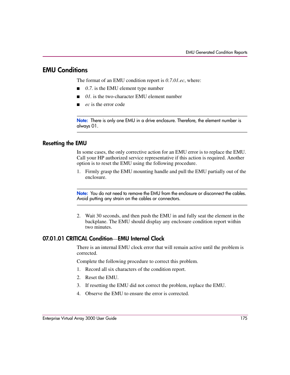 Emu conditions, Resetting the emu, 01 critical condition-emu internal clock | HP 3000 Enterprise Virtual Array User Manual | Page 175 / 244