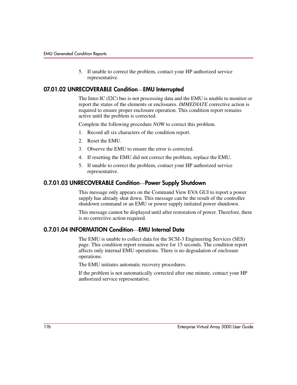 02 unrecoverable condition-emu interrupted, 03 unrecoverable condition-power supply shutdown, 04 information condition-emu internal data | HP 3000 Enterprise Virtual Array User Manual | Page 176 / 244