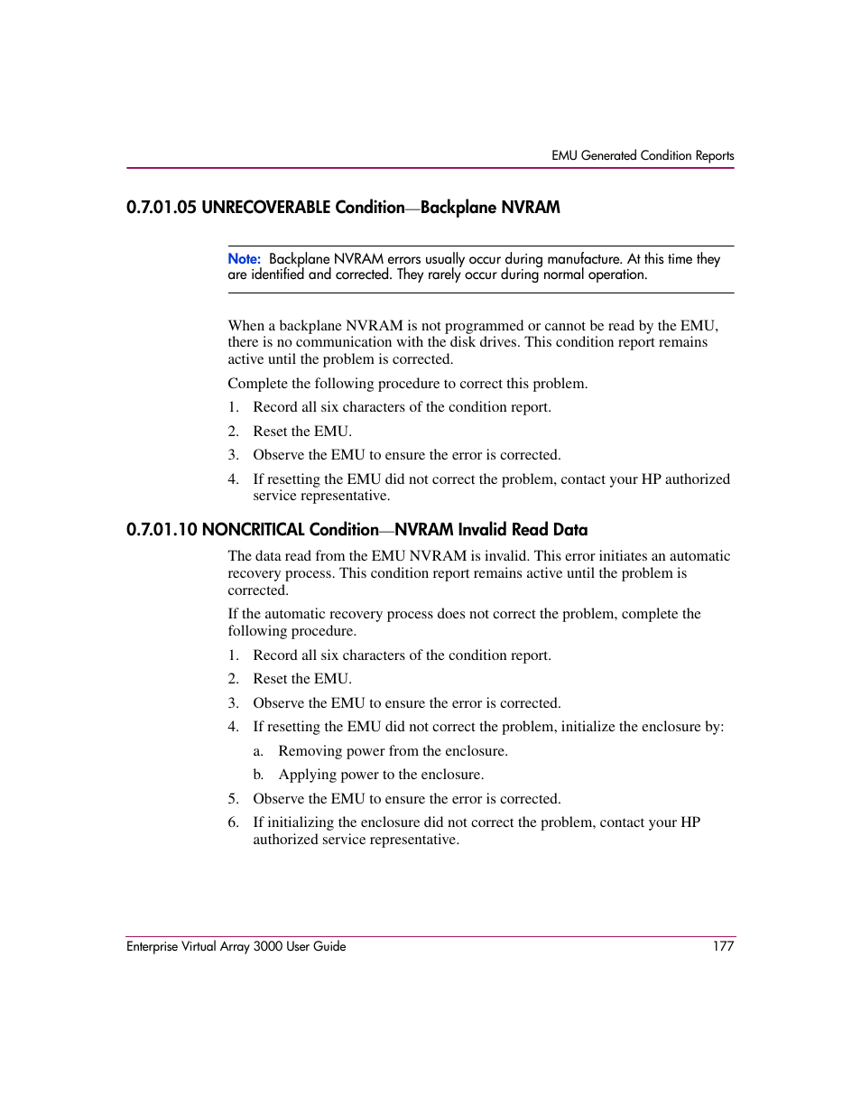 05 unrecoverable condition-backplane nvram, 10 noncritical condition-nvram invalid read data | HP 3000 Enterprise Virtual Array User Manual | Page 177 / 244
