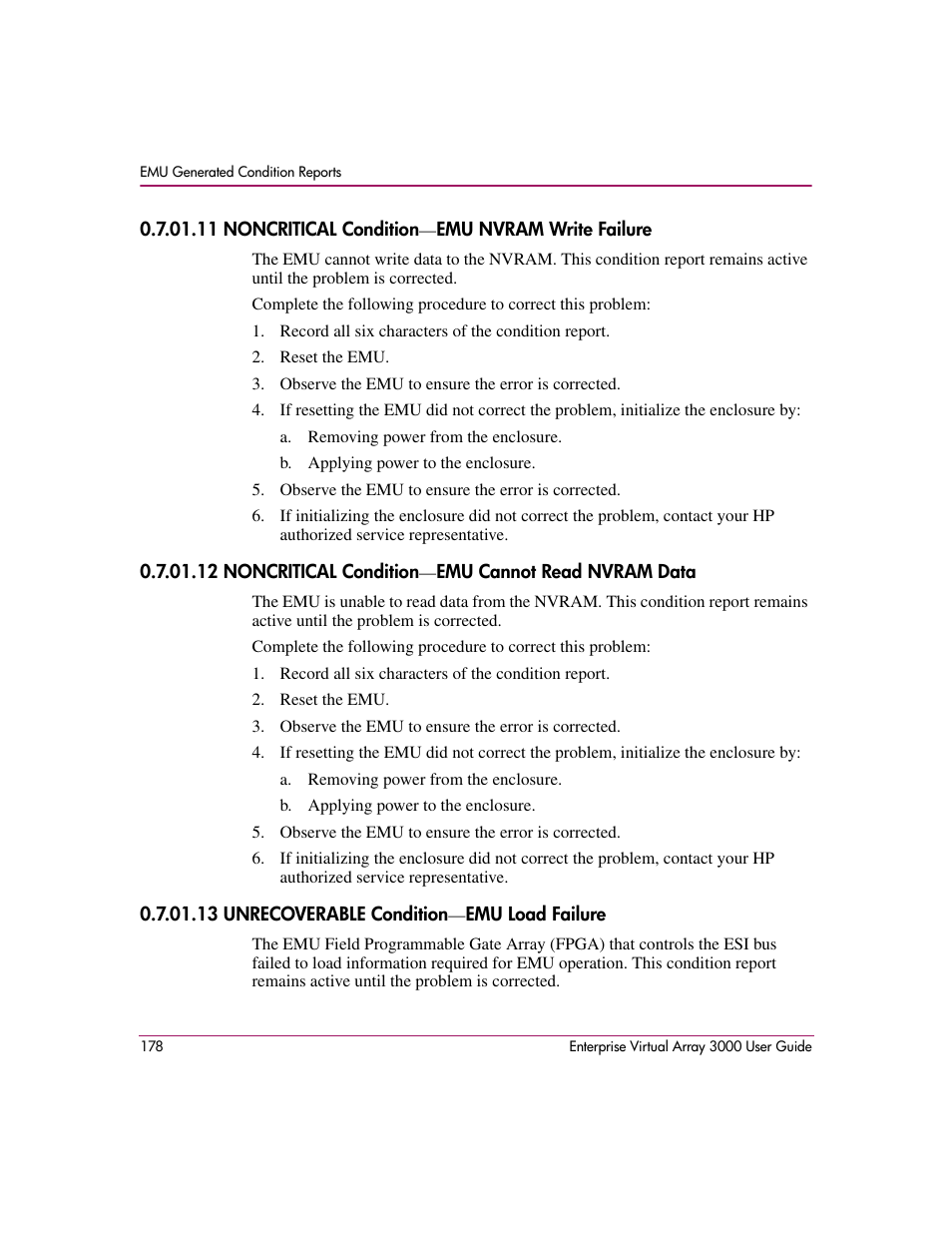 11 noncritical condition-emu nvram write failure, 13 unrecoverable condition-emu load failure | HP 3000 Enterprise Virtual Array User Manual | Page 178 / 244