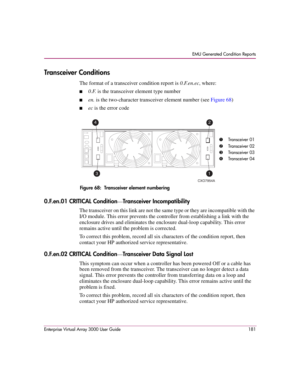 Transceiver conditions, 68 transceiver element numbering, Figure 68 | HP 3000 Enterprise Virtual Array User Manual | Page 181 / 244