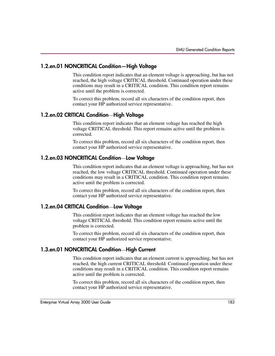 En.01 noncritical condition-high voltage, En.02 critical condition-high voltage, En.03 noncritical condition-low voltage | En.04 critical condition-low voltage, En.01 noncritical condition-high current | HP 3000 Enterprise Virtual Array User Manual | Page 183 / 244