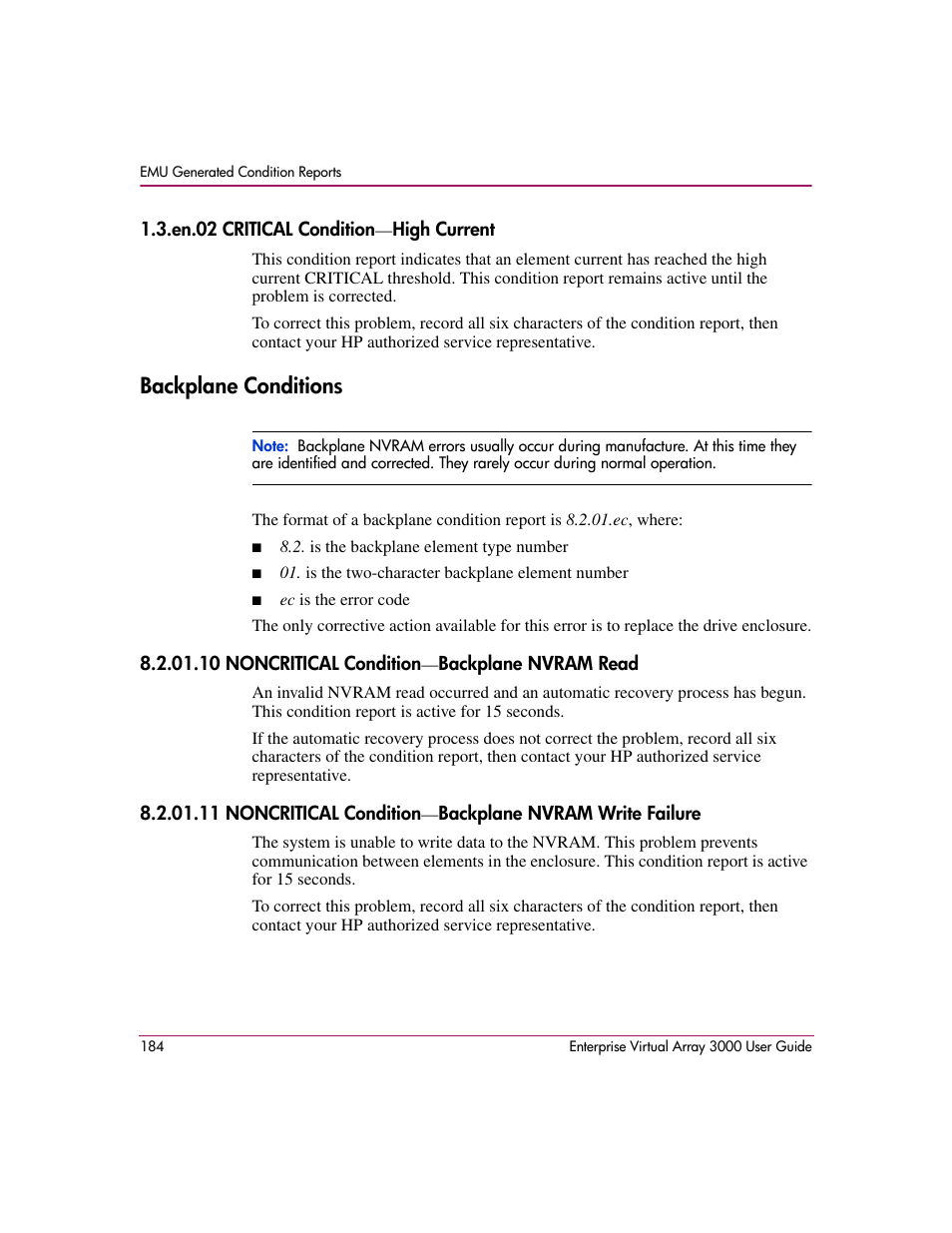 En.02 critical condition-high current, Backplane conditions, 10 noncritical condition-backplane nvram read | HP 3000 Enterprise Virtual Array User Manual | Page 184 / 244