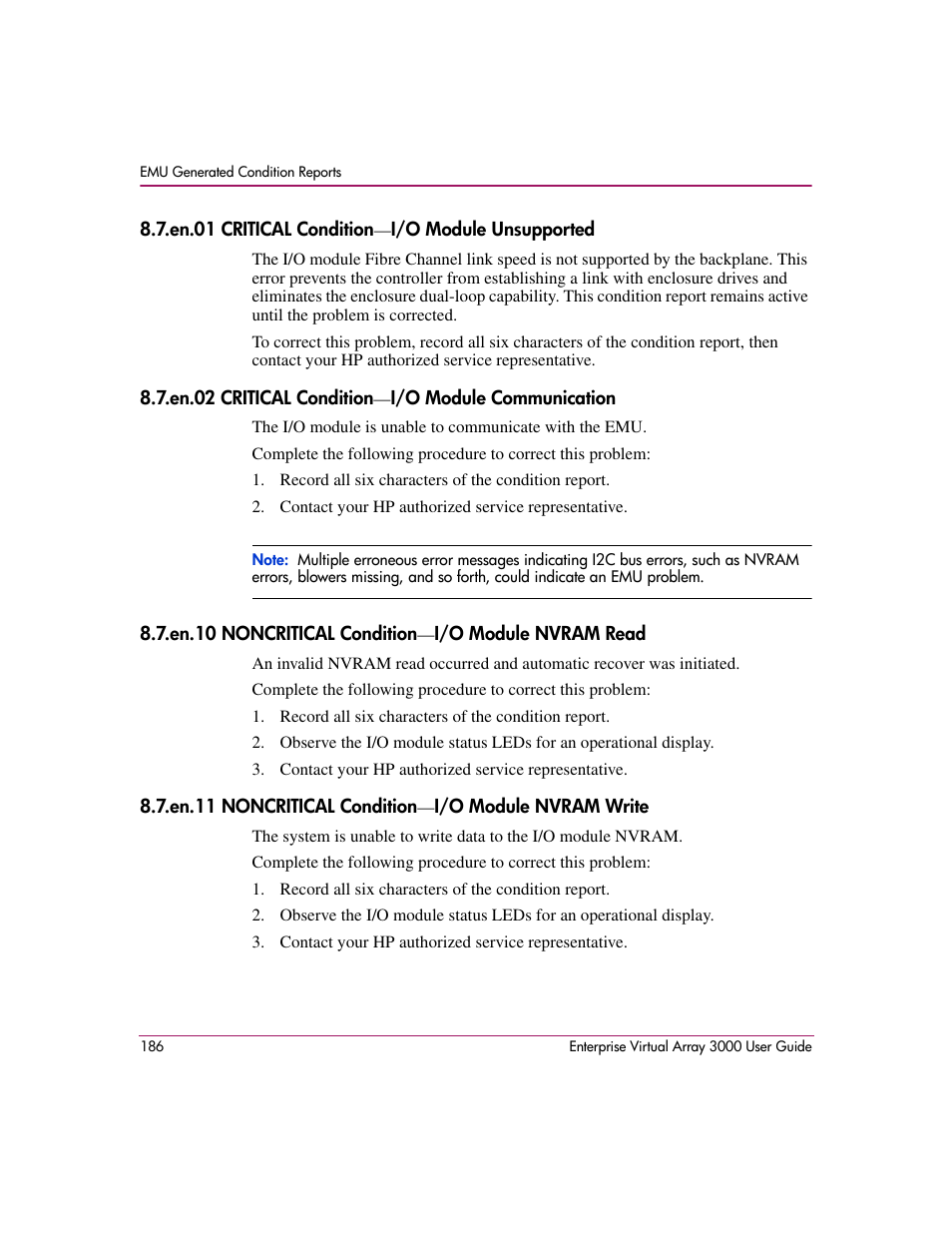 En.01 critical condition-i/o module unsupported, En.02 critical condition-i/o module communication, En.10 noncritical condition-i/o module nvram read | En.11 noncritical condition-i/o module nvram write | HP 3000 Enterprise Virtual Array User Manual | Page 186 / 244