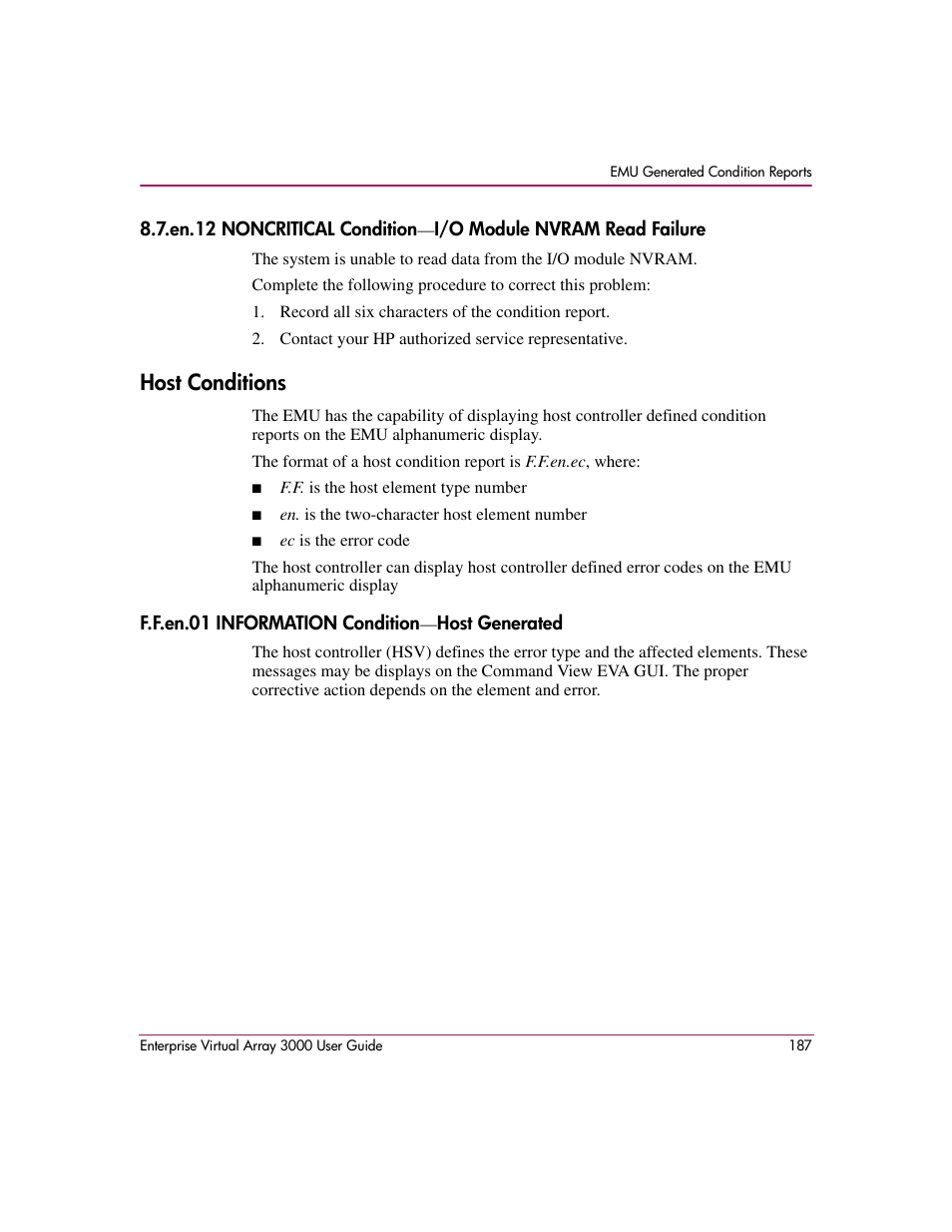 Host conditions, F.f.en.01 information condition-host generated | HP 3000 Enterprise Virtual Array User Manual | Page 187 / 244