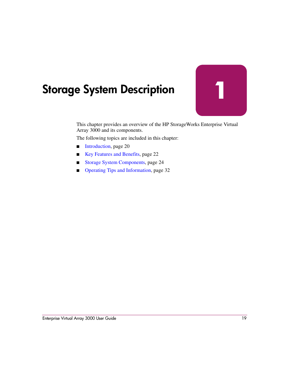 Storage system description, 1 storage system description | HP 3000 Enterprise Virtual Array User Manual | Page 19 / 244