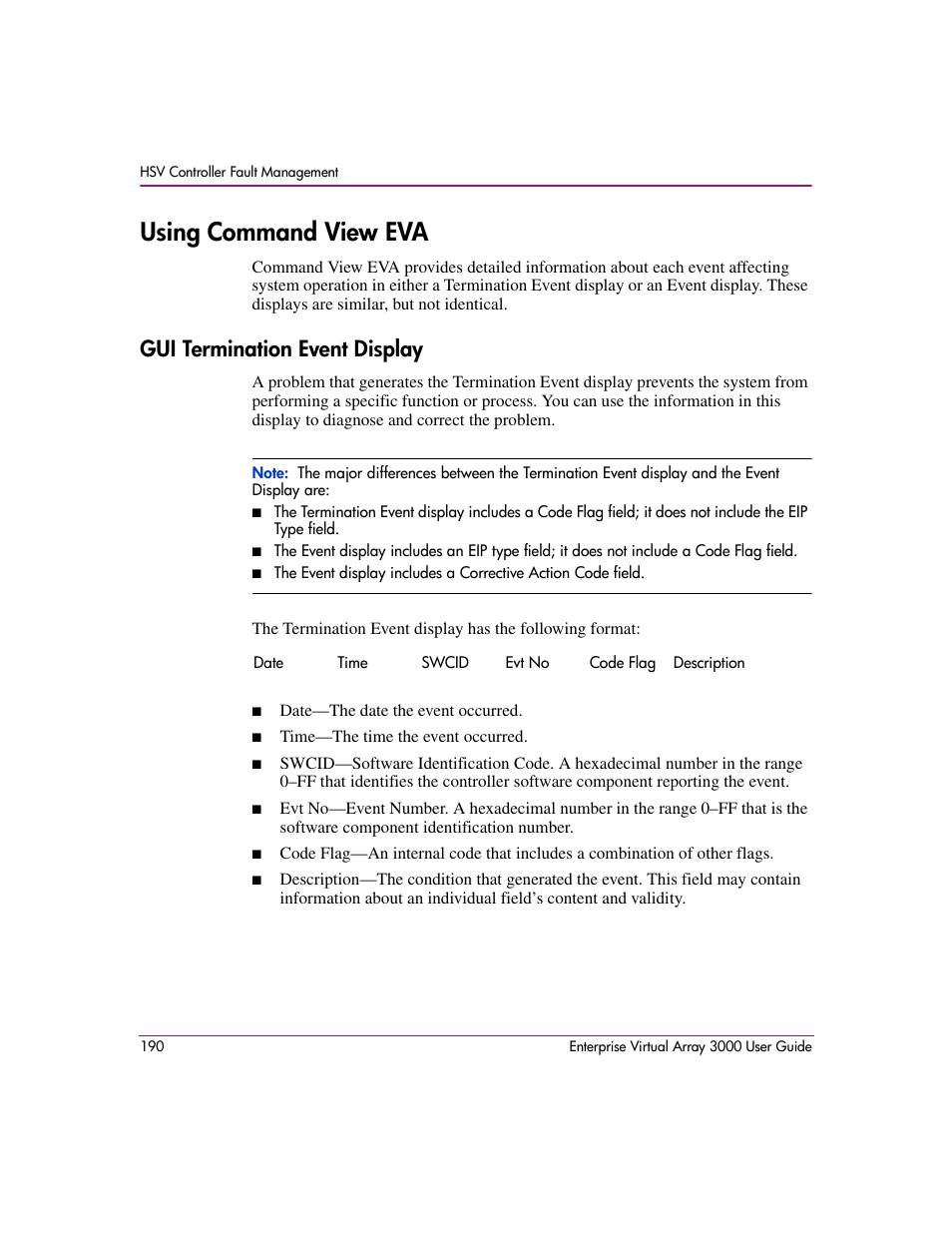 Using command view eva, Gui termination event display | HP 3000 Enterprise Virtual Array User Manual | Page 190 / 244