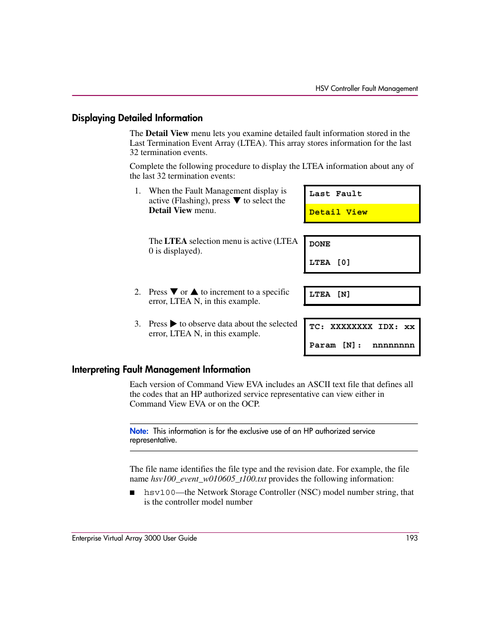 Displaying detailed information, Interpreting fault management information, Interpreting fault management | Information | HP 3000 Enterprise Virtual Array User Manual | Page 193 / 244