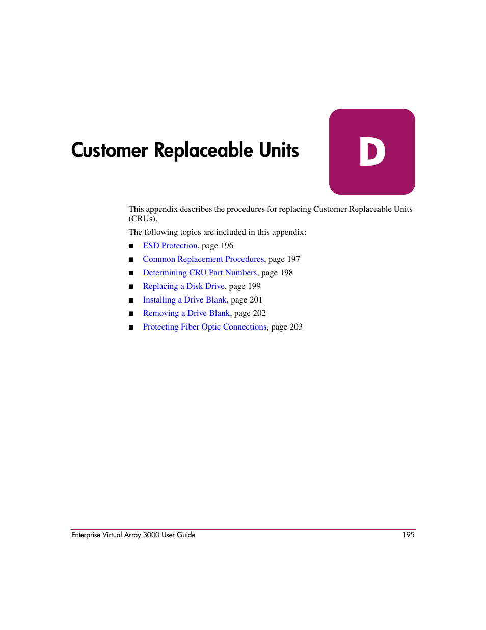 Customer replaceable units, D customer replaceable units, Es outlined in | Customer, Replaceable units | HP 3000 Enterprise Virtual Array User Manual | Page 195 / 244