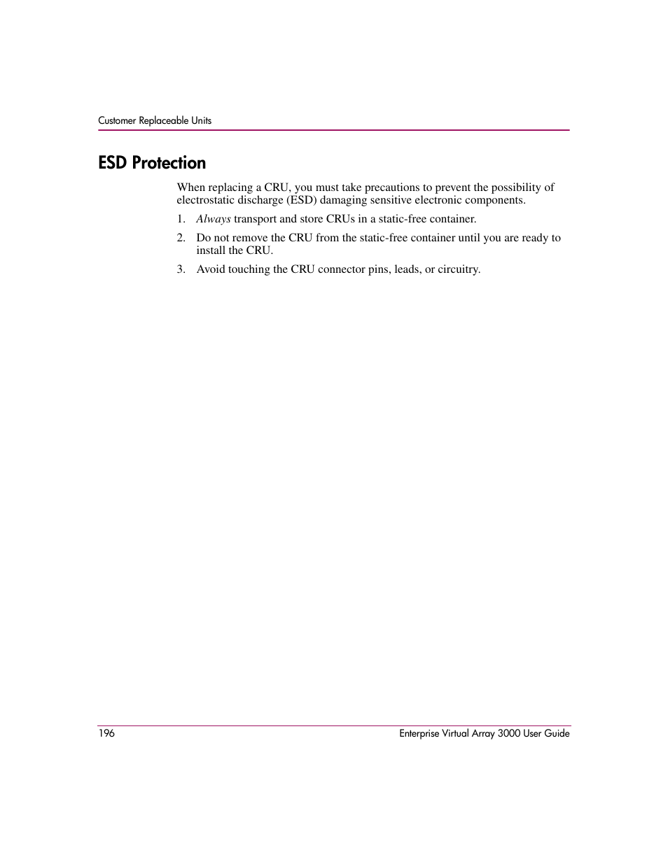 Esd protection | HP 3000 Enterprise Virtual Array User Manual | Page 196 / 244