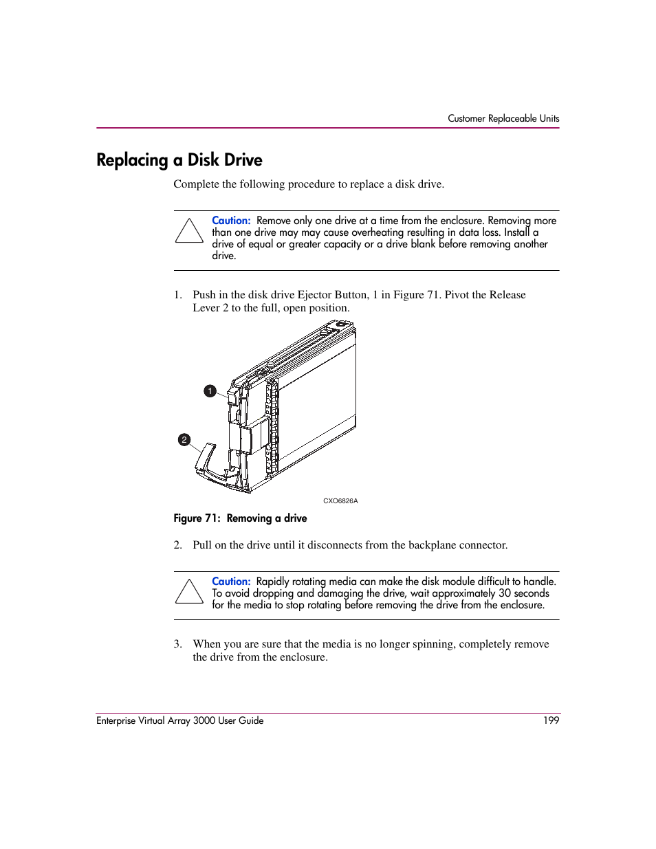 Replacing a disk drive, 71 removing a drive | HP 3000 Enterprise Virtual Array User Manual | Page 199 / 244