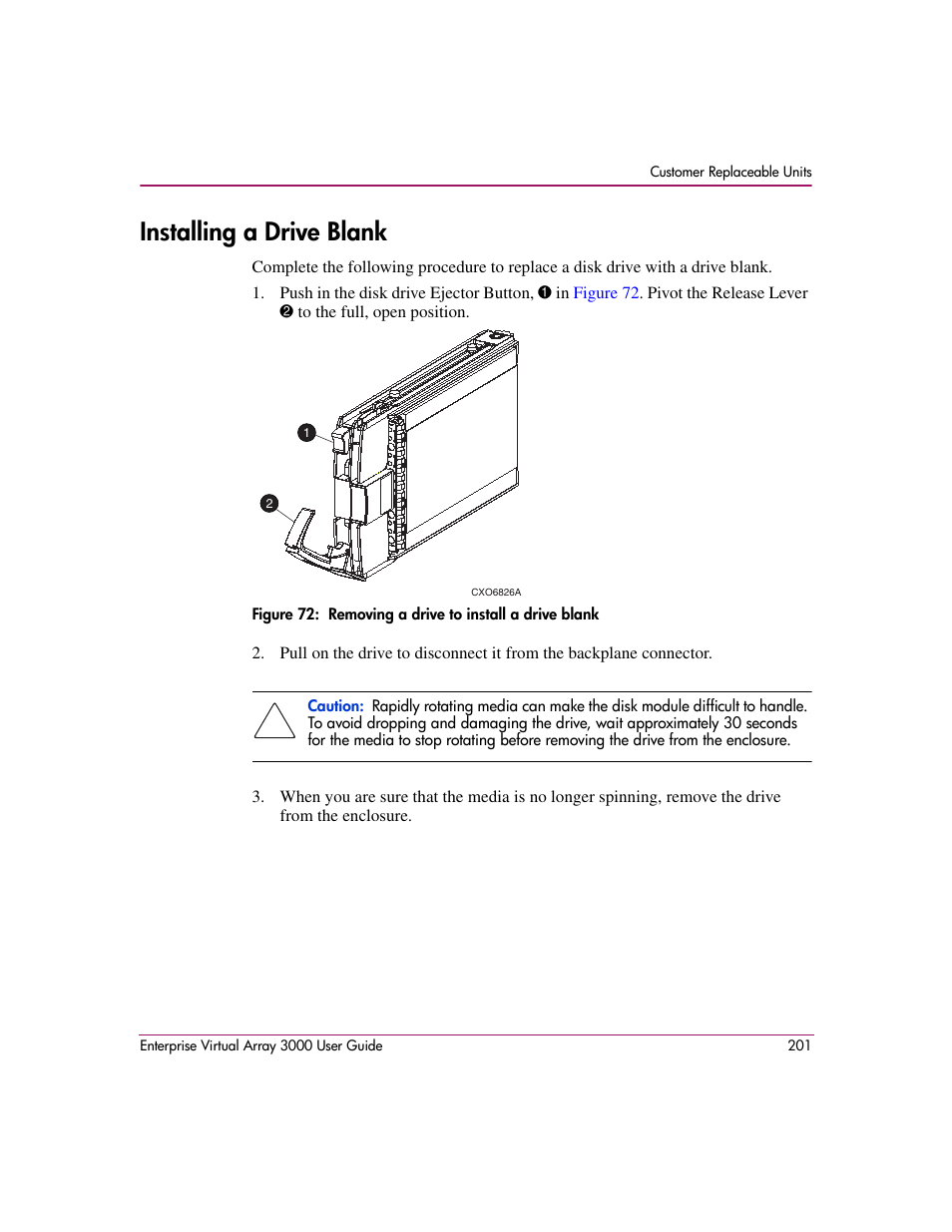 Installing a drive blank, 72 removing a drive to install a drive blank | HP 3000 Enterprise Virtual Array User Manual | Page 201 / 244