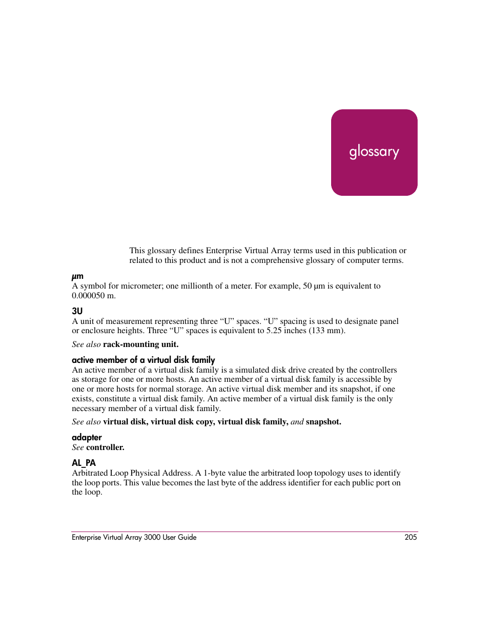 Glossary, Glossary glossary | HP 3000 Enterprise Virtual Array User Manual | Page 205 / 244