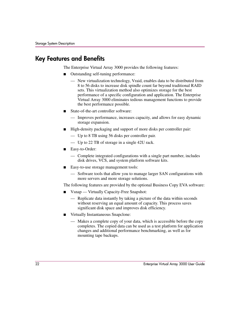 Key features and benefits | HP 3000 Enterprise Virtual Array User Manual | Page 22 / 244