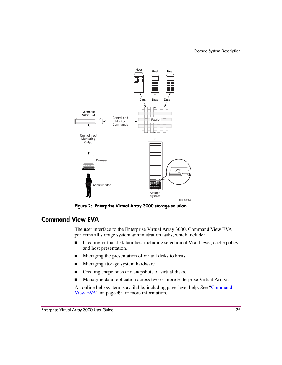 Command view eva, 2 enterprise virtual array 3000 storage solution, Managing storage system hardware | Creating snapclones and snapshots of virtual disks | HP 3000 Enterprise Virtual Array User Manual | Page 25 / 244