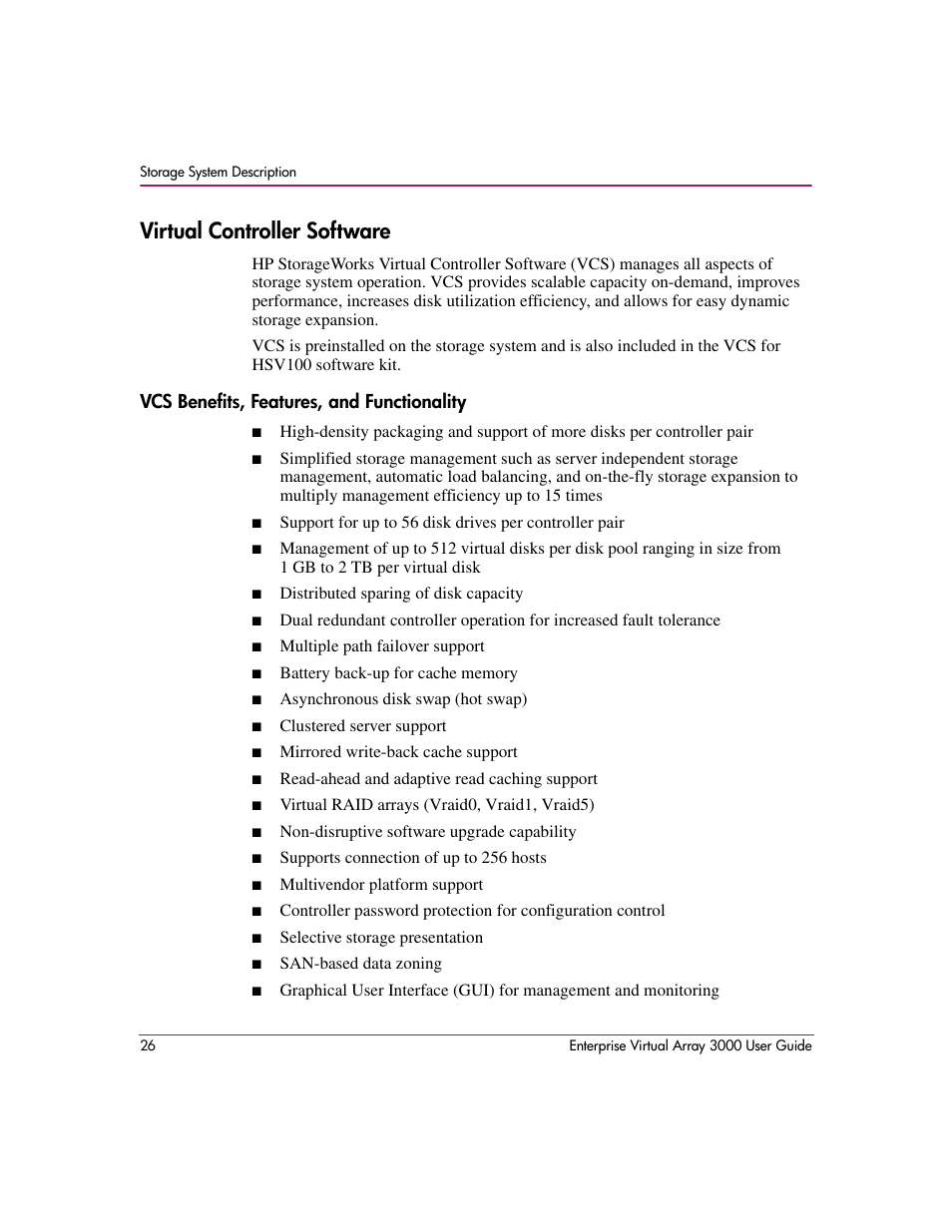 Virtual controller software, Vcs benefits, features, and functionality | HP 3000 Enterprise Virtual Array User Manual | Page 26 / 244