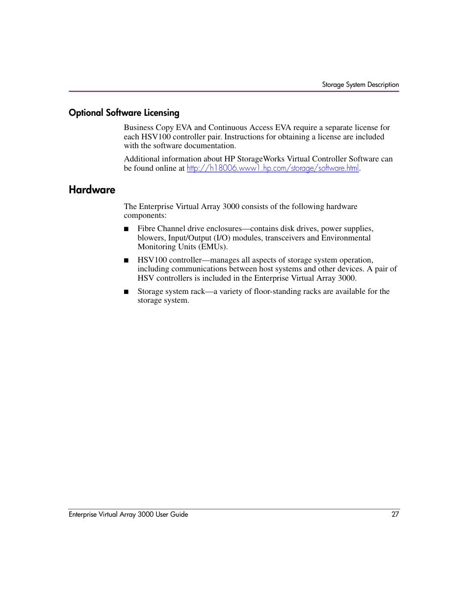 Optional software licensing, Hardware | HP 3000 Enterprise Virtual Array User Manual | Page 27 / 244