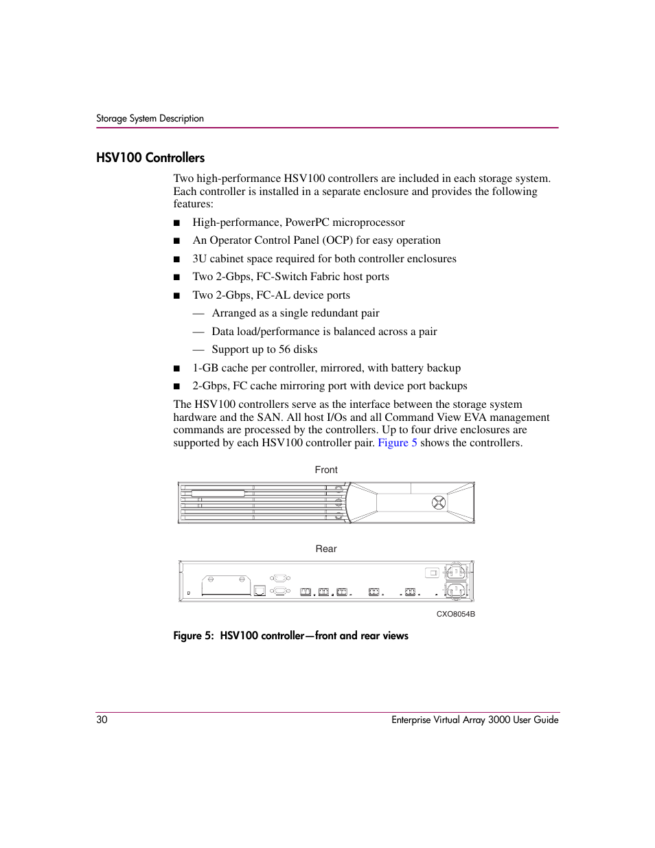 Hsv100 controllers, 5 hsv100 controller—front and rear views | HP 3000 Enterprise Virtual Array User Manual | Page 30 / 244