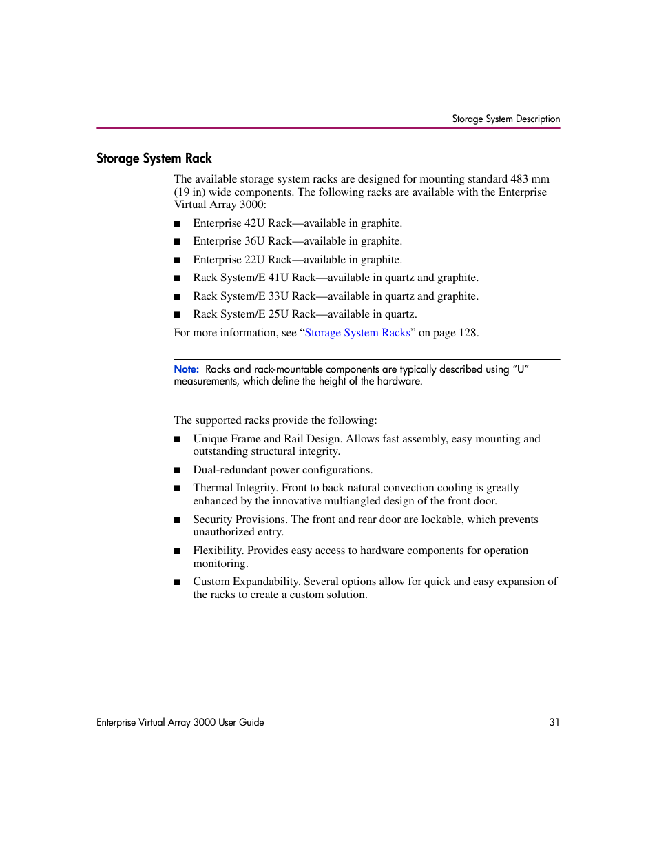 Storage system rack | HP 3000 Enterprise Virtual Array User Manual | Page 31 / 244