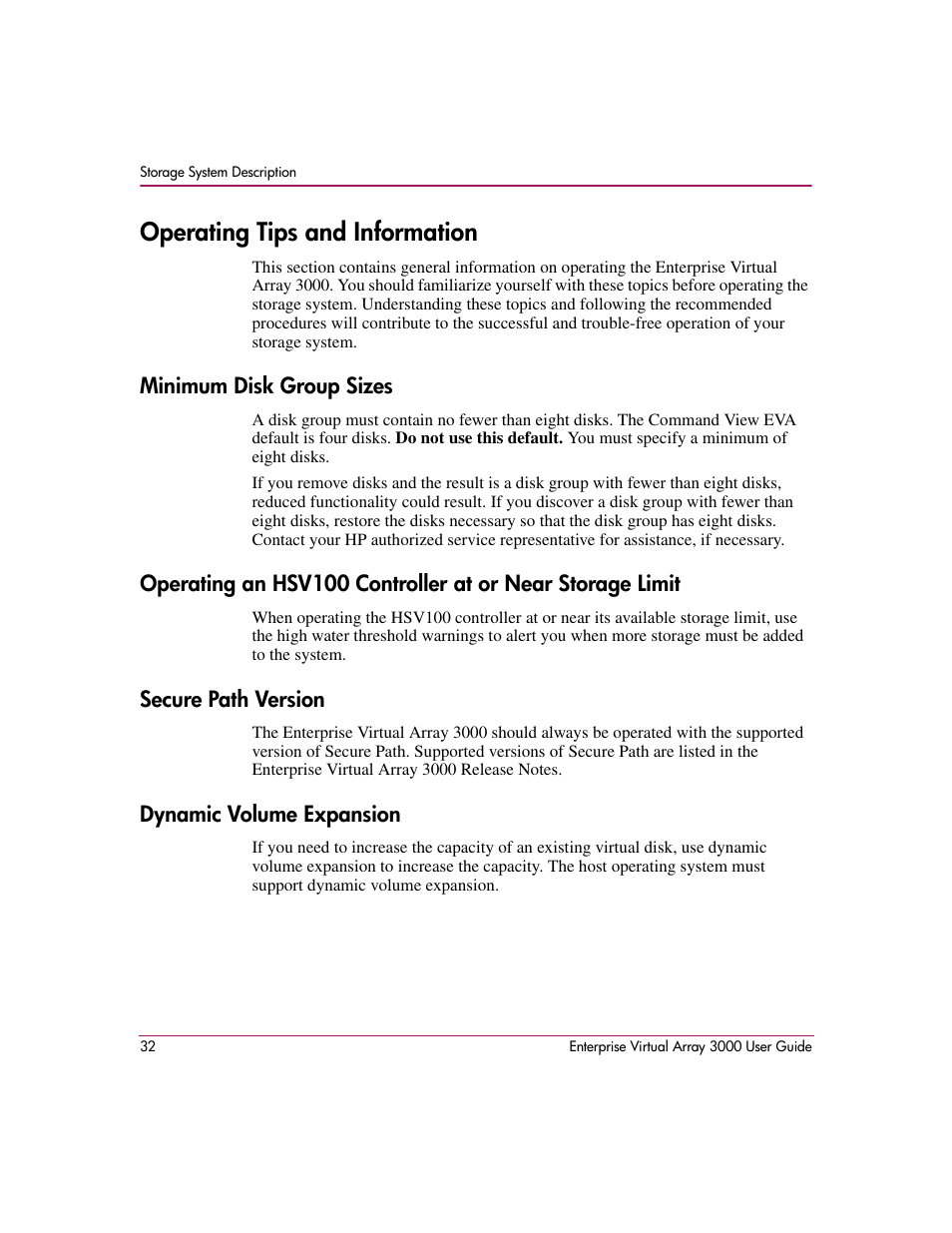 Operating tips and information, Minimum disk group sizes, Secure path version | Dynamic volume expansion | HP 3000 Enterprise Virtual Array User Manual | Page 32 / 244
