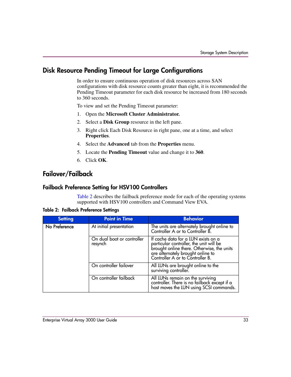 Failover/failback, Failback preference setting for hsv100 controllers, 2 failback preference settings | HP 3000 Enterprise Virtual Array User Manual | Page 33 / 244