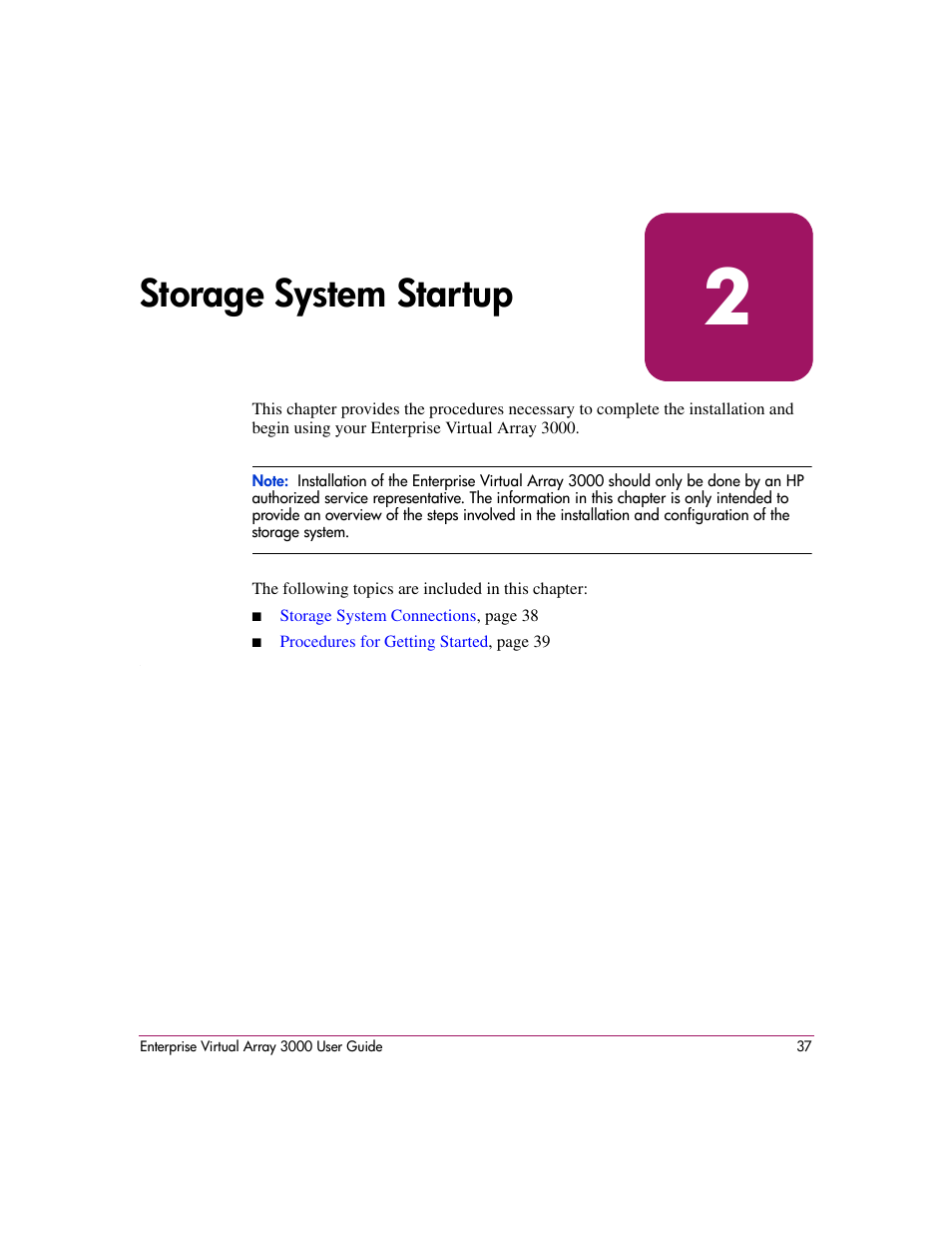 Storage system startup, 2 storage system startup | HP 3000 Enterprise Virtual Array User Manual | Page 37 / 244