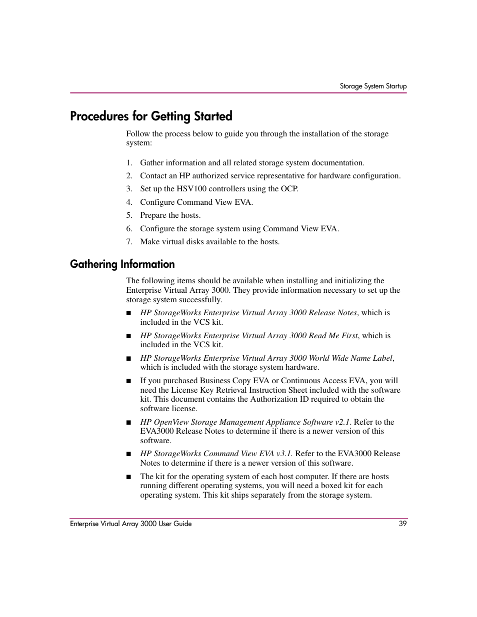 Procedures for getting started, Gathering information | HP 3000 Enterprise Virtual Array User Manual | Page 39 / 244