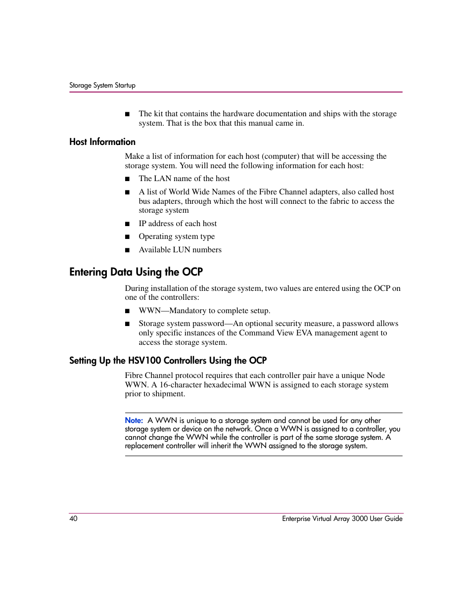 Host information, Entering data using the ocp, Setting up the hsv100 controllers using the ocp | HP 3000 Enterprise Virtual Array User Manual | Page 40 / 244