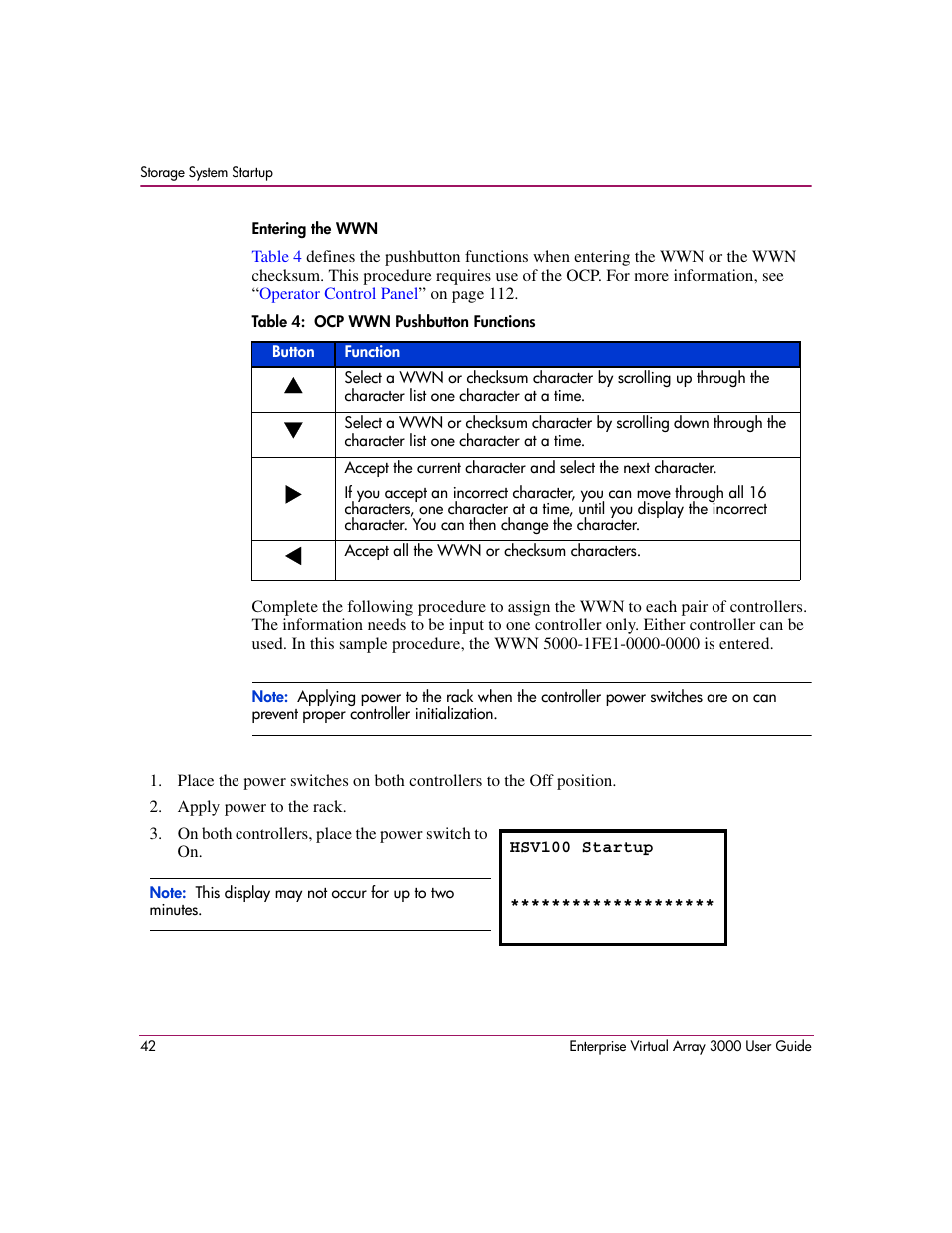 4 ocp wwn pushbutton functions | HP 3000 Enterprise Virtual Array User Manual | Page 42 / 244