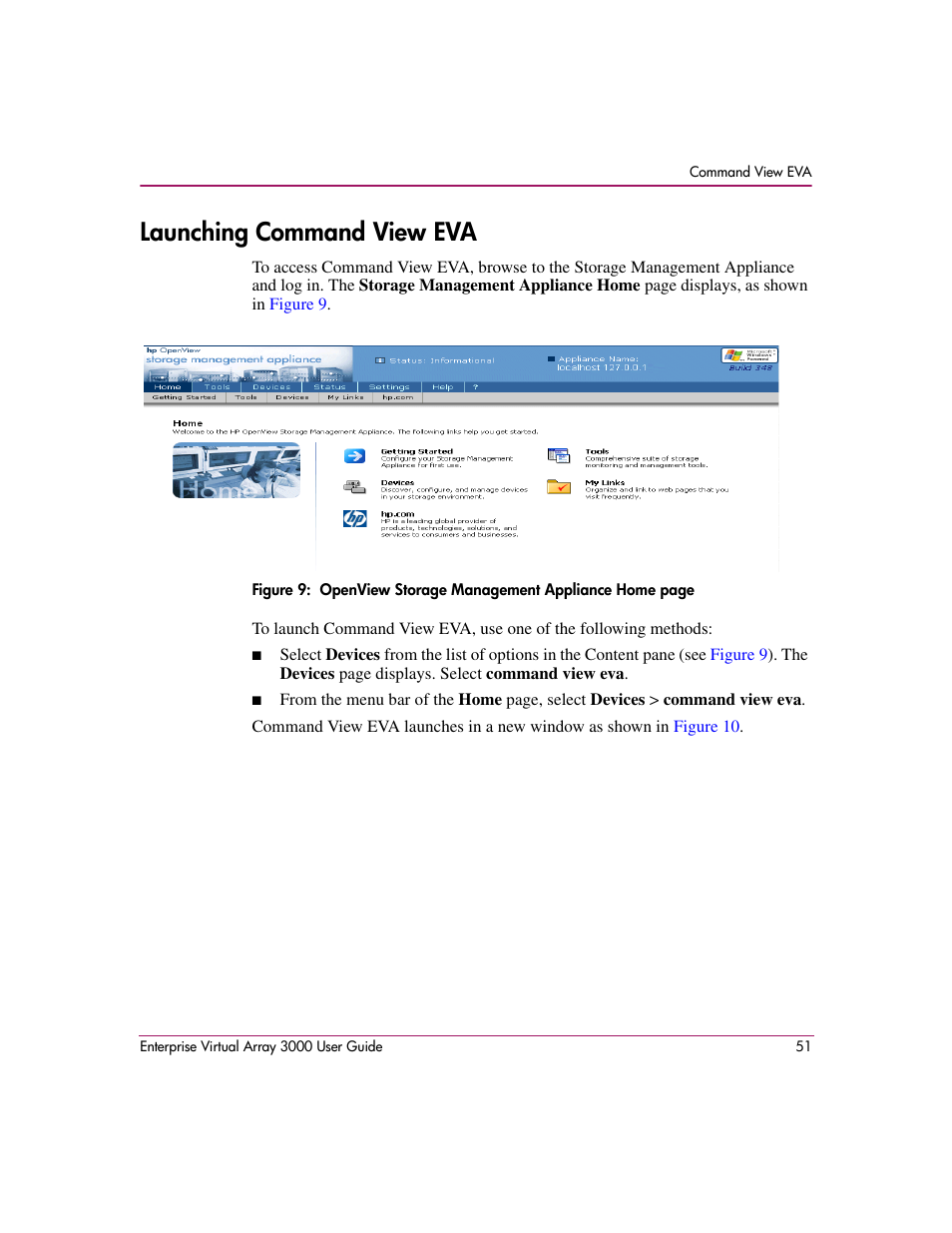 Launching command view eva | HP 3000 Enterprise Virtual Array User Manual | Page 51 / 244