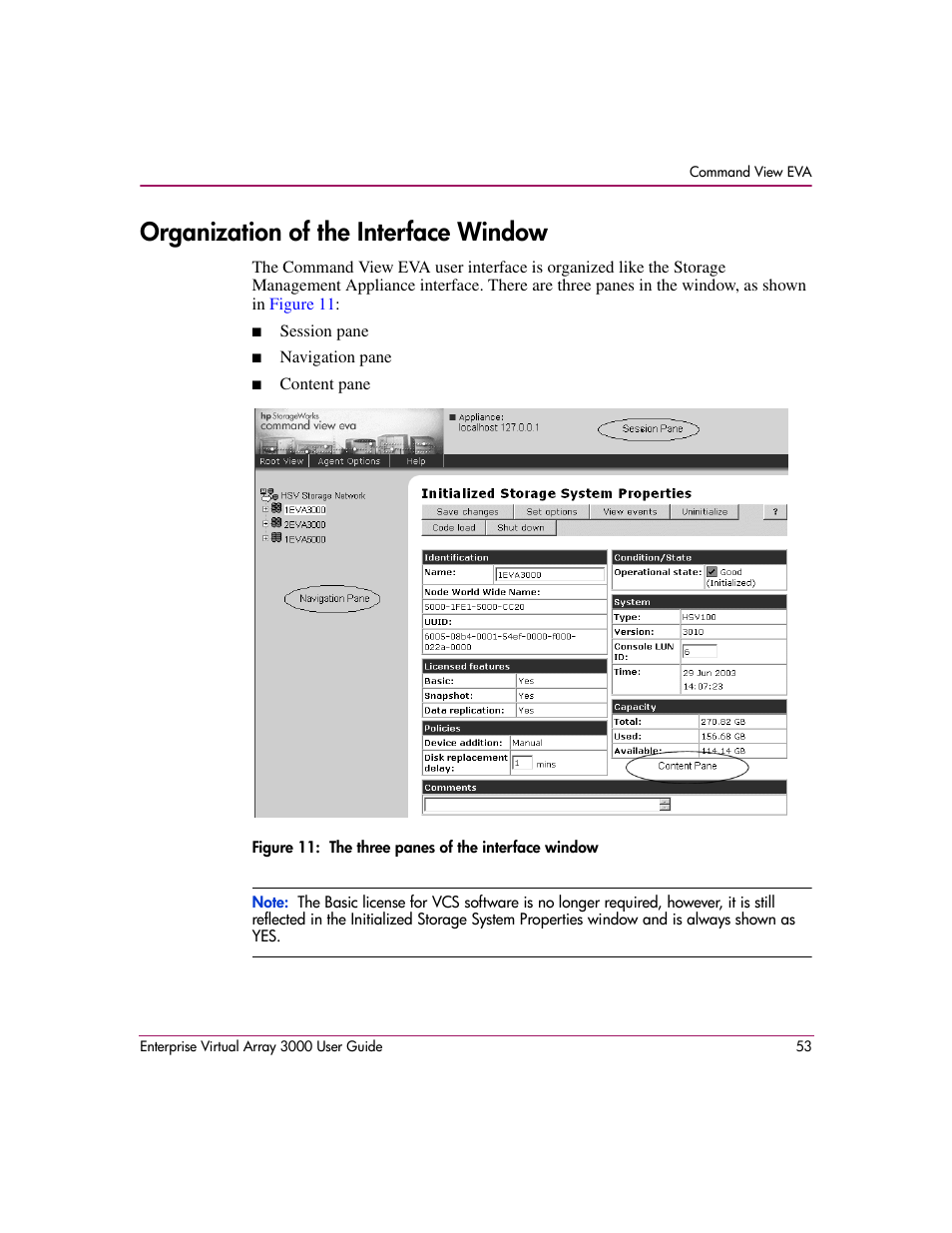 Organization of the interface window, 11 the three panes of the interface window | HP 3000 Enterprise Virtual Array User Manual | Page 53 / 244