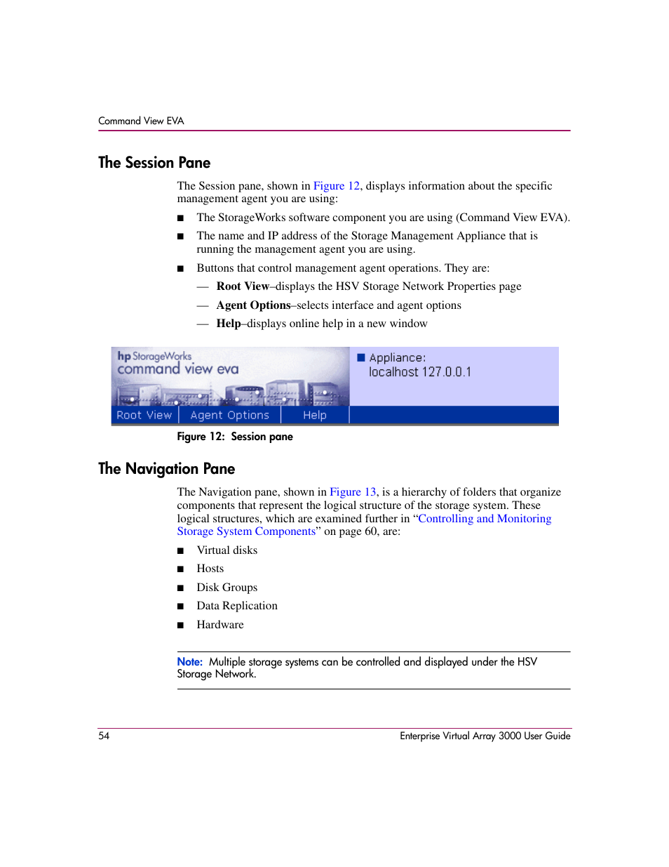 The session pane, The navigation pane, The session pane the navigation pane | 12 session pane | HP 3000 Enterprise Virtual Array User Manual | Page 54 / 244