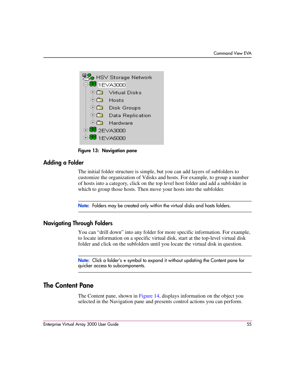 Adding a folder, Navigating through folders, The content pane | 13 navigation pane, Figure 13 | HP 3000 Enterprise Virtual Array User Manual | Page 55 / 244