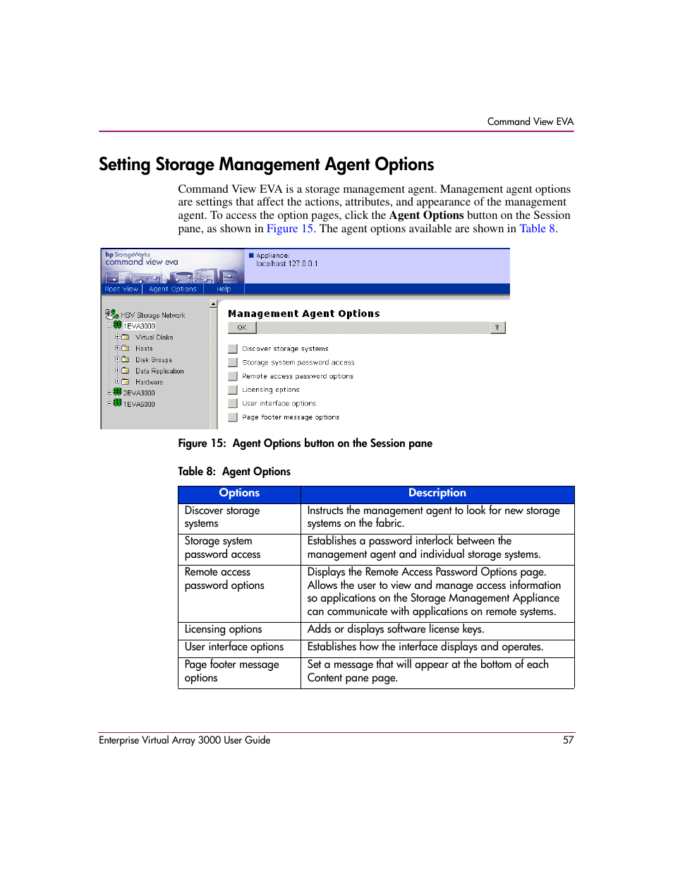 Setting storage management agent options, 15 agent options button on the session pane, 8 agent options | HP 3000 Enterprise Virtual Array User Manual | Page 57 / 244