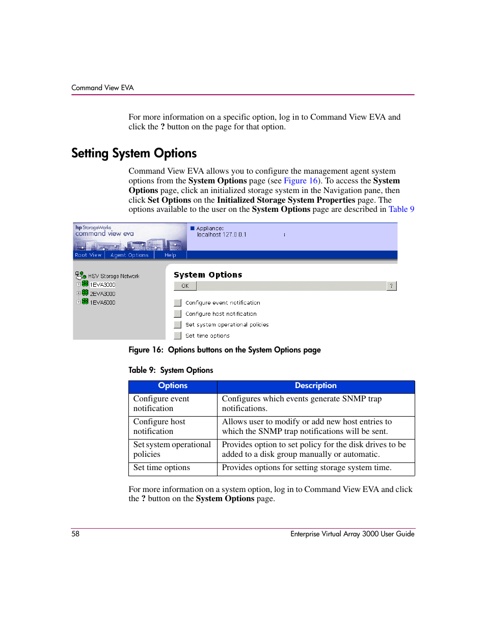 Setting system options, 9 system options | HP 3000 Enterprise Virtual Array User Manual | Page 58 / 244