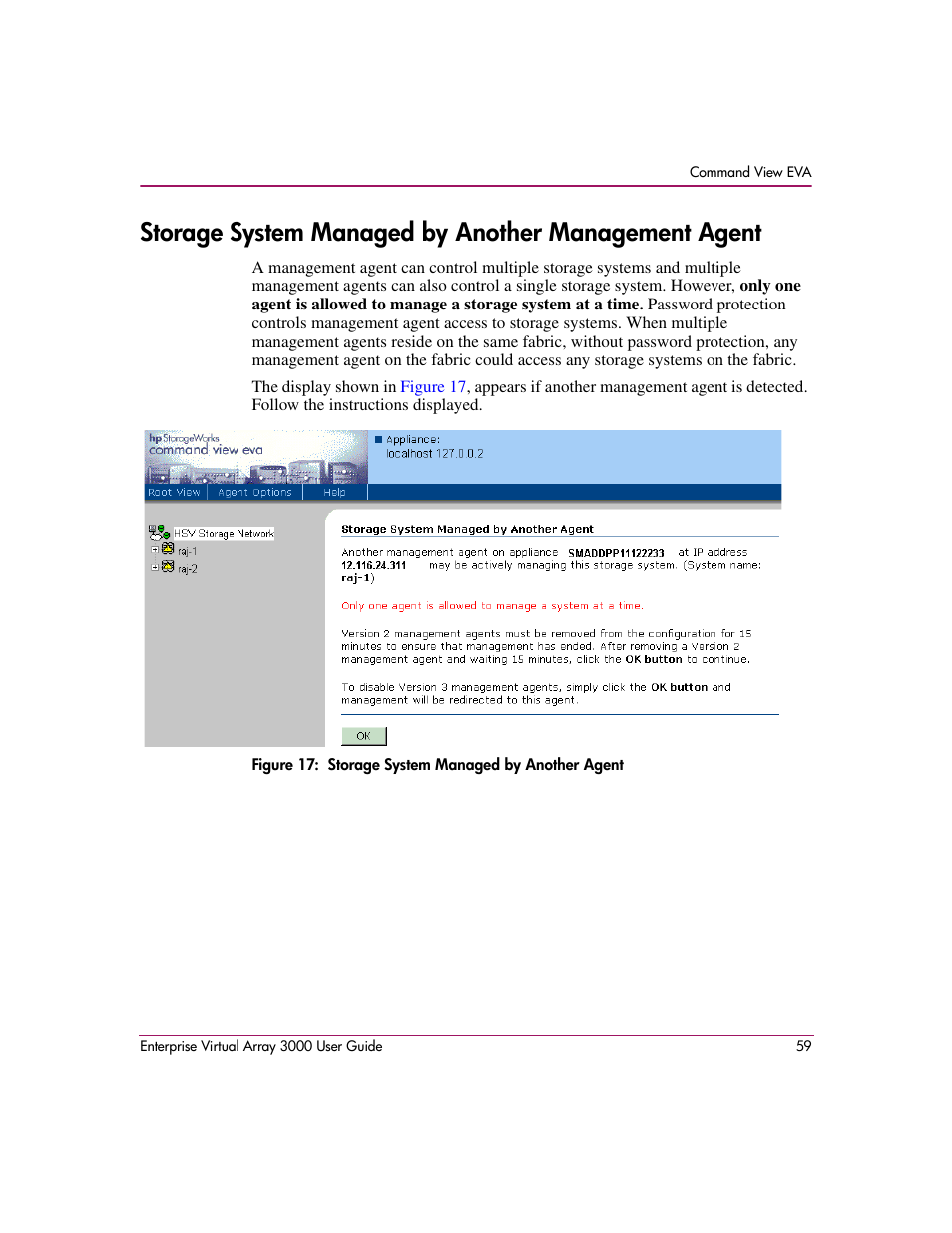 Storage system managed by another management agent, 17 storage system managed by another agent | HP 3000 Enterprise Virtual Array User Manual | Page 59 / 244