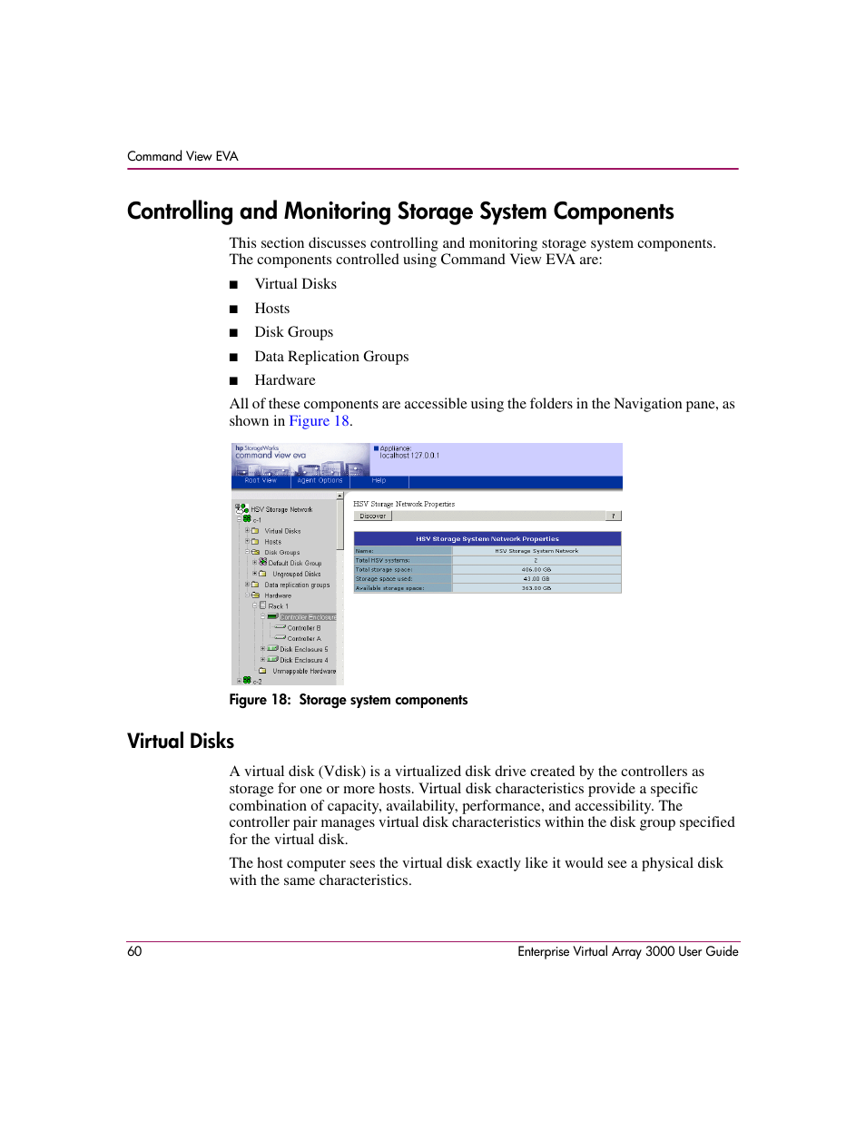 Virtual disks, 18 storage system components, Ined further in | Controlling and monitoring, Storage system components | HP 3000 Enterprise Virtual Array User Manual | Page 60 / 244