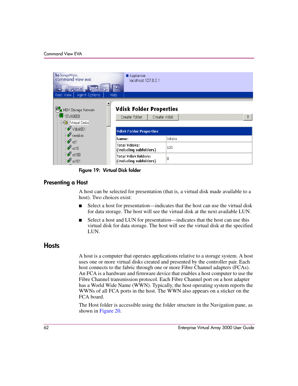 Presenting a host, Hosts, 19 virtual disk folder | HP 3000 Enterprise Virtual Array User Manual | Page 62 / 244