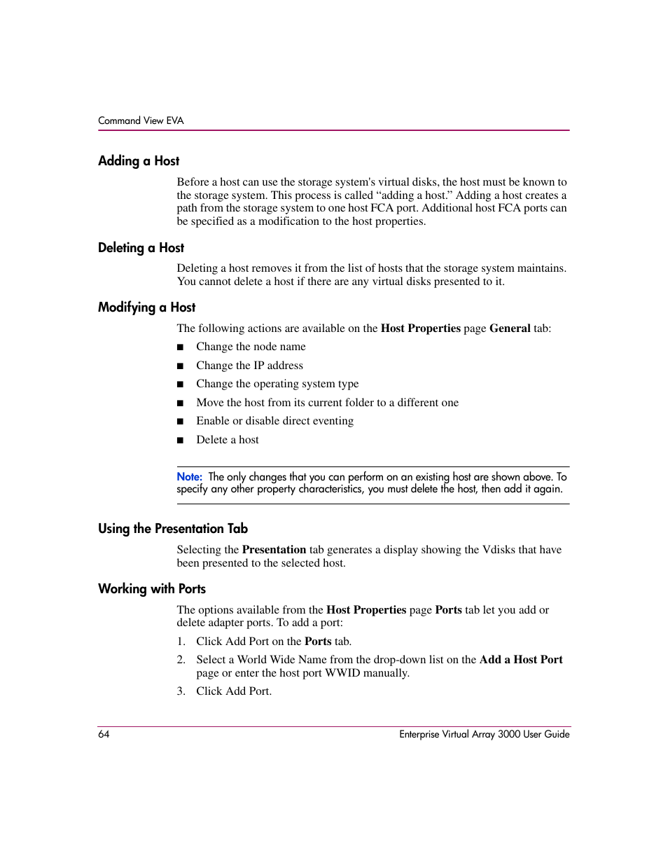 Adding a host, Deleting a host, Modifying a host | Using the presentation tab, Working with ports | HP 3000 Enterprise Virtual Array User Manual | Page 64 / 244