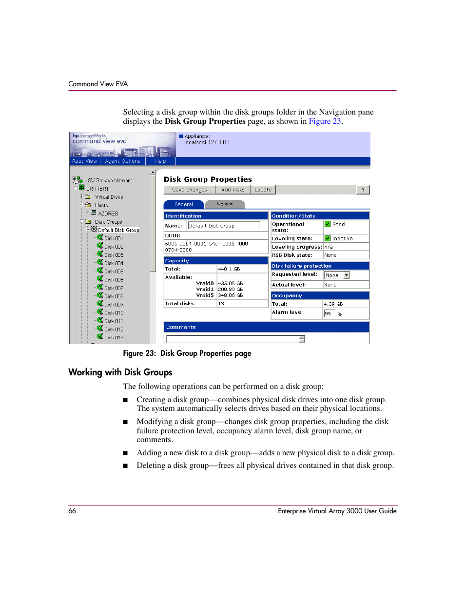 Working with disk groups | HP 3000 Enterprise Virtual Array User Manual | Page 66 / 244