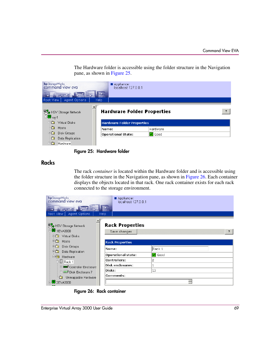 Racks, 25 hardware folder 26 rack container | HP 3000 Enterprise Virtual Array User Manual | Page 69 / 244