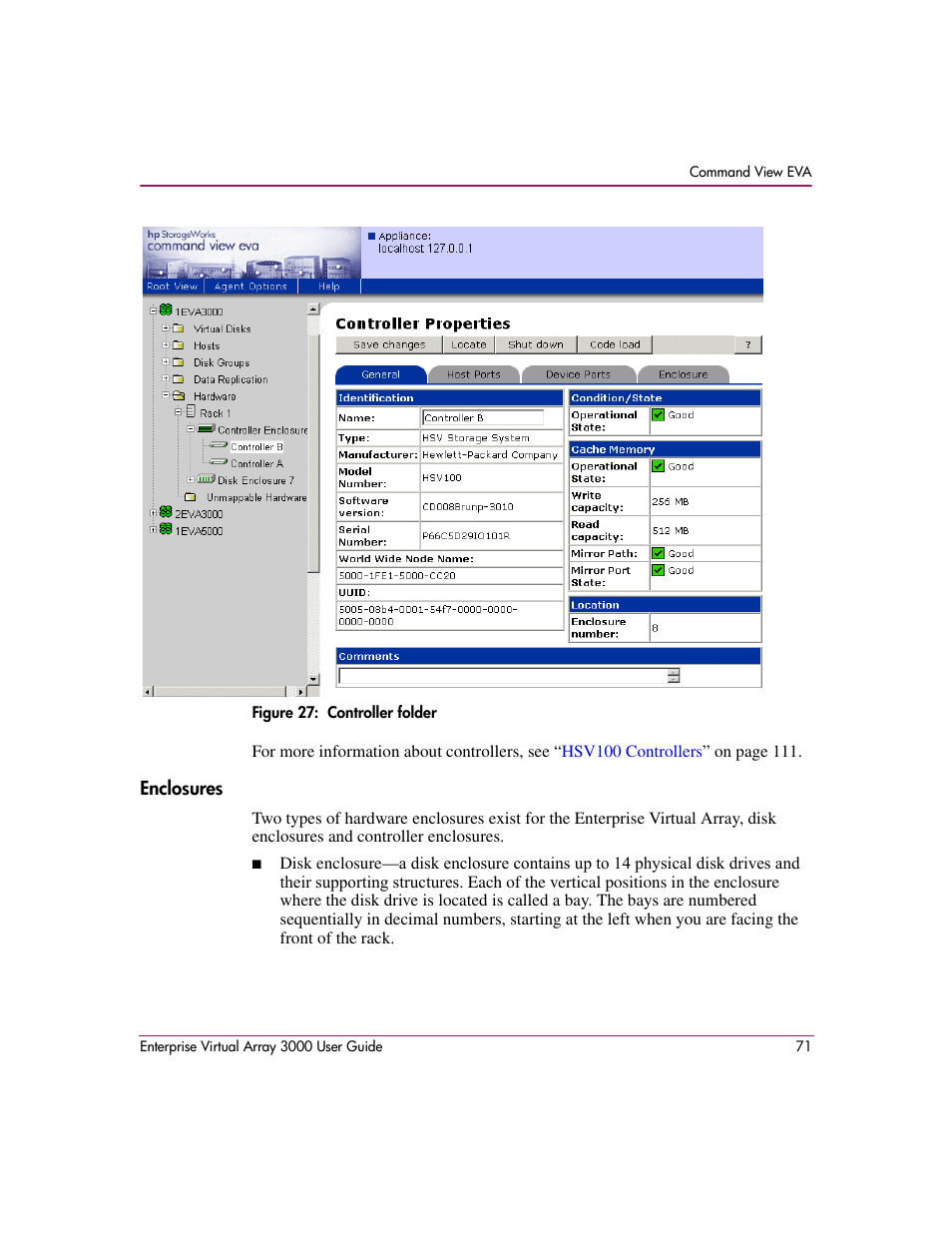 Enclosures, 27 controller folder, Figure 27 | HP 3000 Enterprise Virtual Array User Manual | Page 71 / 244