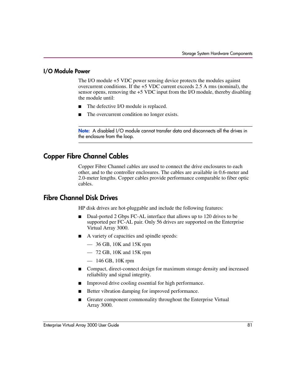 I/o module power, Copper fibre channel cables, Fibre channel disk drives | HP 3000 Enterprise Virtual Array User Manual | Page 81 / 244